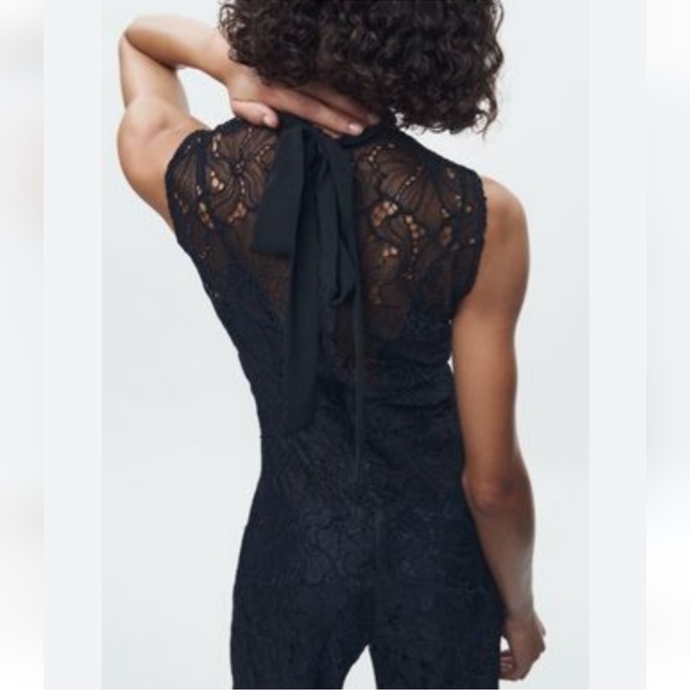 ZARA MIXED JUMPSUIT WITH LACE HIGH COLLAR WITH SLED BOW - Picture 15 of 16